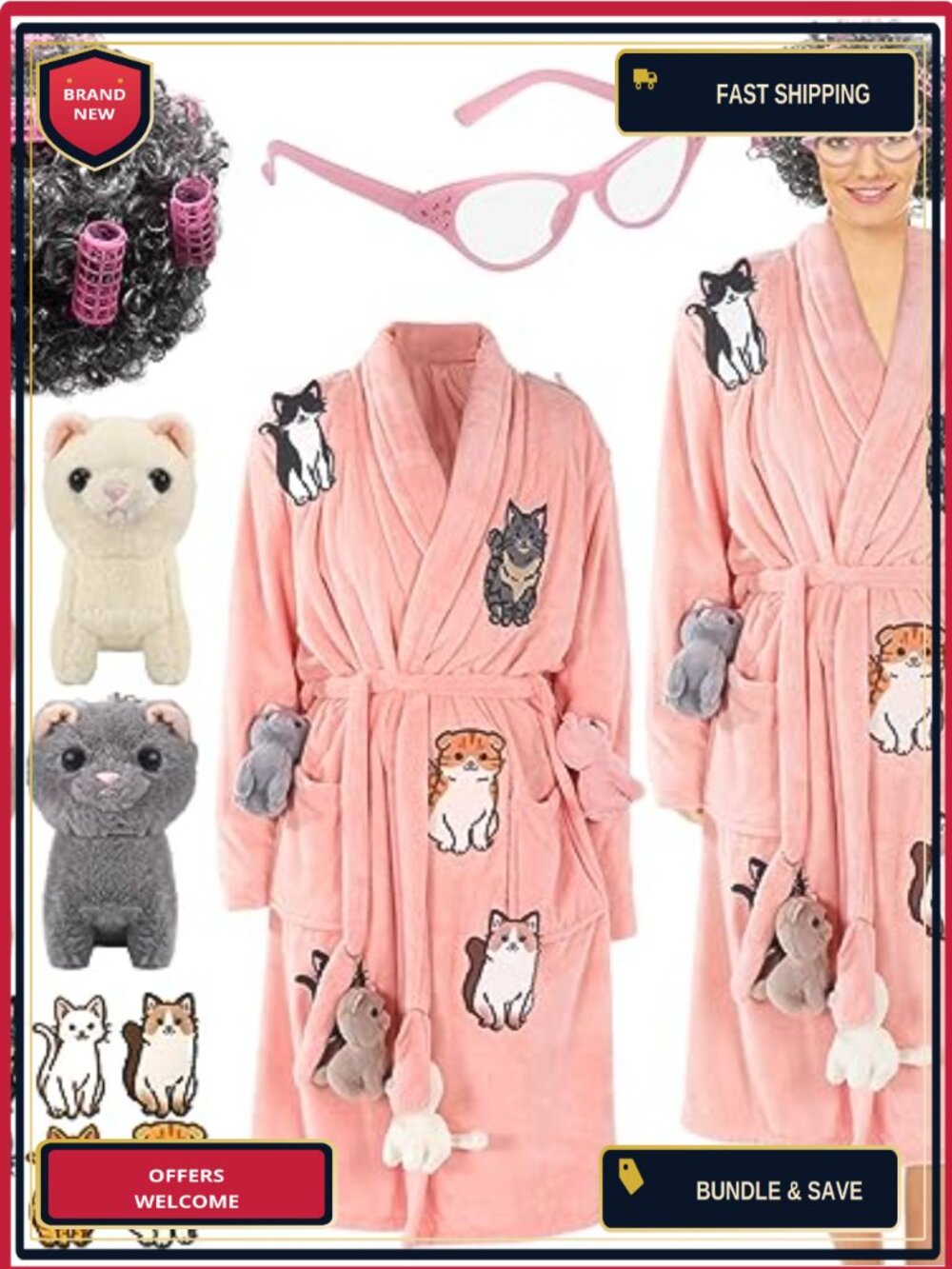 Liitrsh Cat Lady Costume Set Pink Robe Wig Curlers Glasses 23 Pcs
